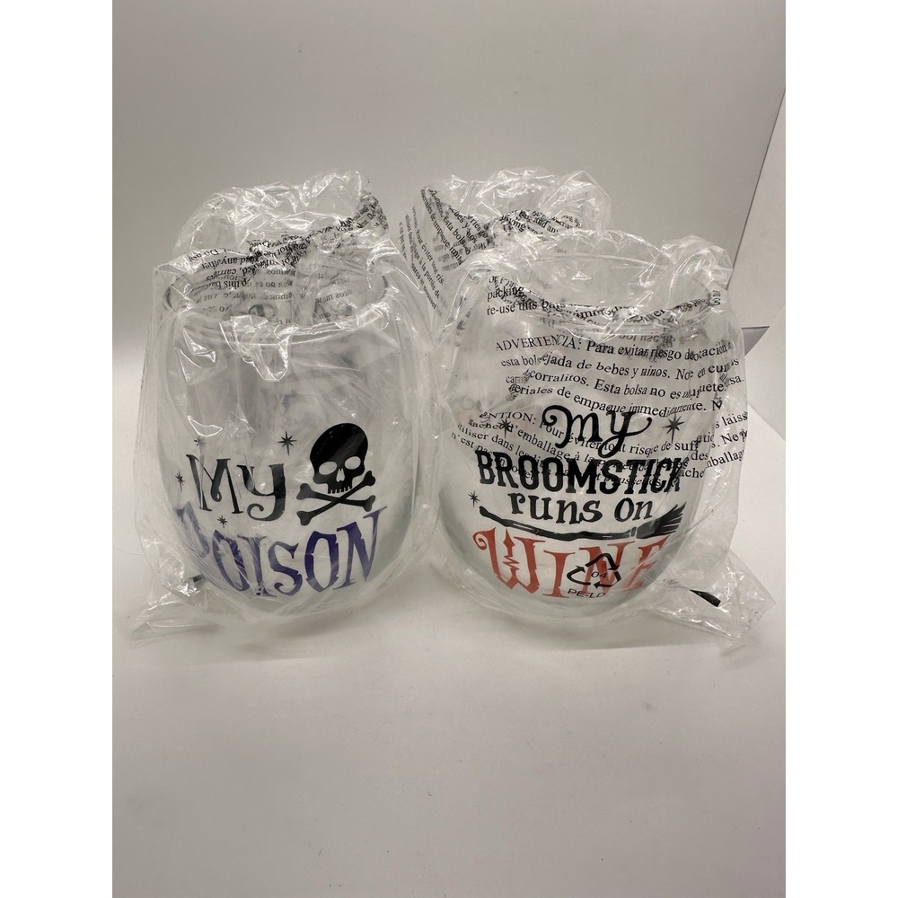 New! Set of‎ 4 Halloween Themed Stemless Glass Wine Glasses.